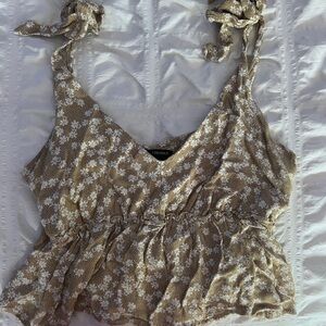 Forever 21 Brown and Tan Tie Front Ruffled Camisole Flowers